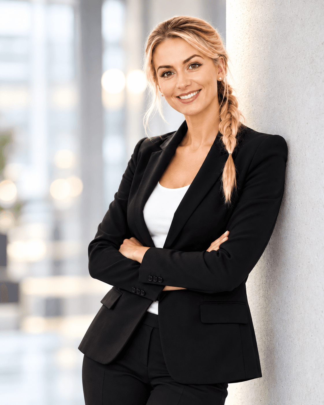Céline Gallée in a bright, modern office setting.